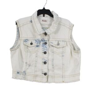 Mudd Womens Light Wash Distressed Cropped Denim Vest Frayed Hem White Blue Large